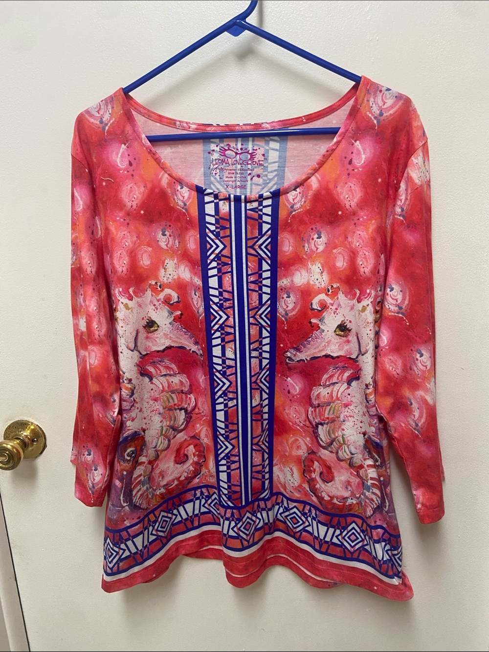 Seahorse Print Scoop Neck Long Sleeve Top - Coral Pink